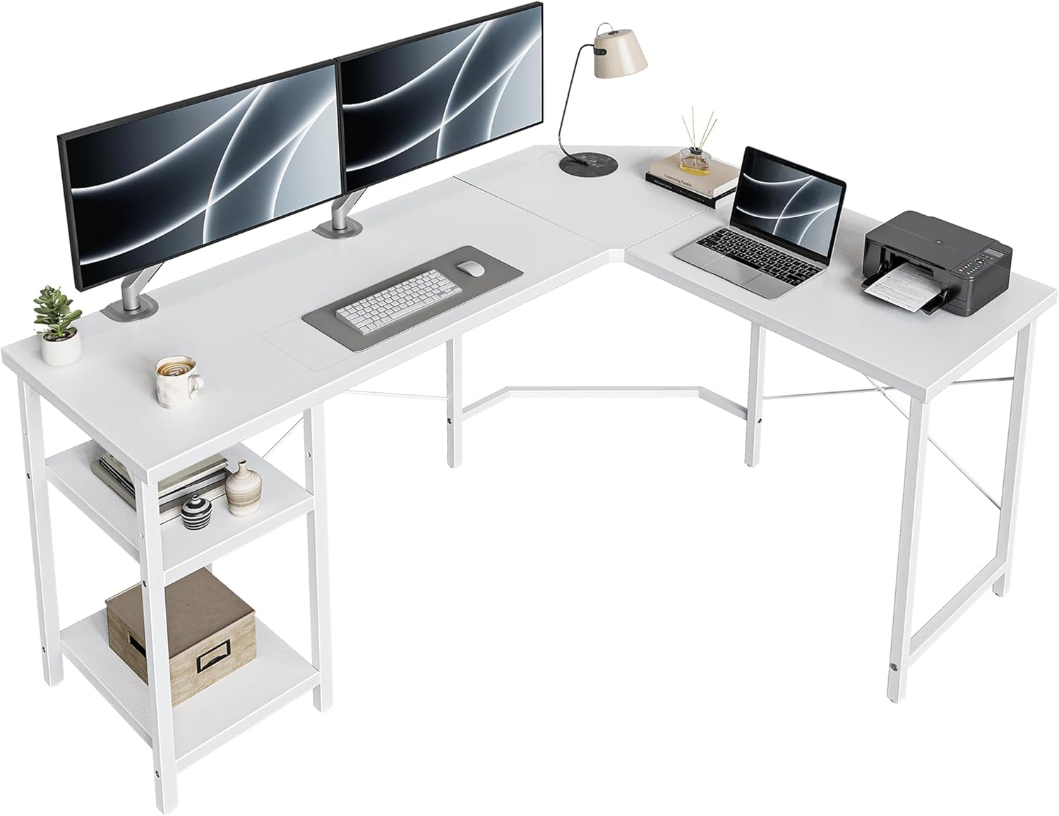Cubicubi L Shaped Computer Desk, 150 Cm Industrial Office Desk with Storage Shelves, White Wood and Metal Corner Desk for Home Office, Black