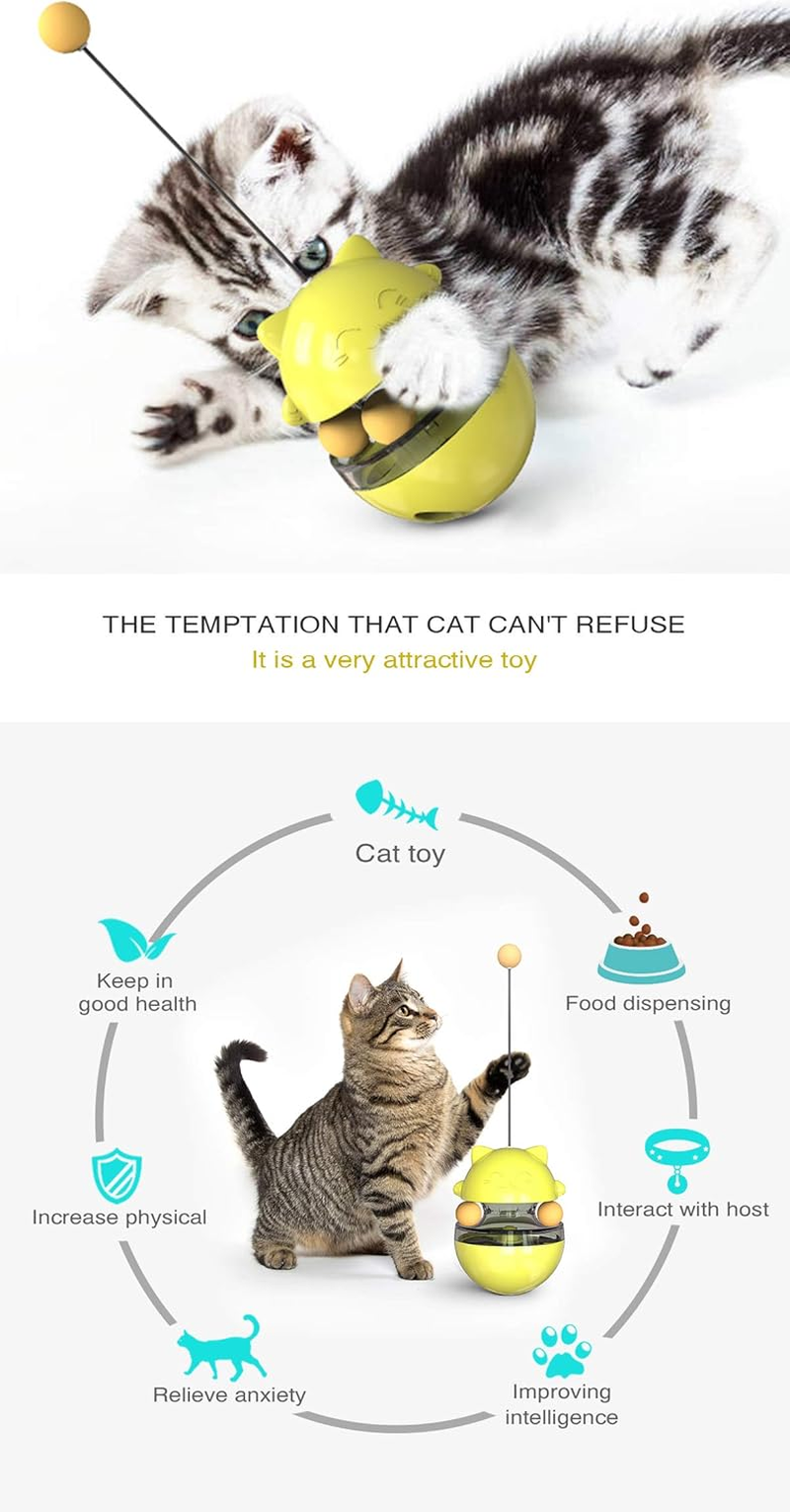 CYBERNOVA Interactive Wobble Cat Toy with a Teaser Wand, Built -In Treat Dispenser/Pet Puzzle Toy/Slow Feeder for Cats and Kitten (Yellow) - Yellow image number 5