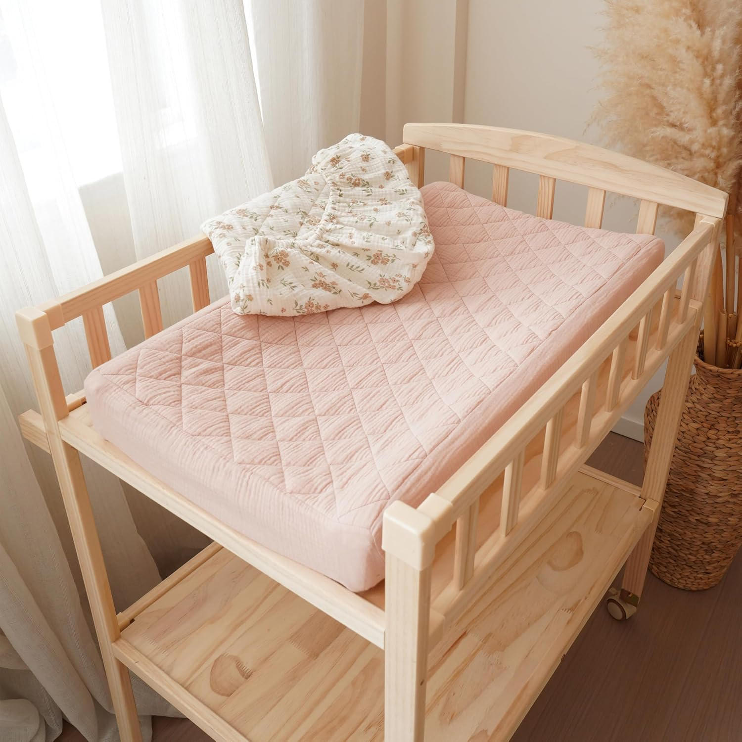 Konssy Waterproof Muslin Changing Pad Cover 2 Pack, Quilted Cotton Fitted Diaper Chang Table Cover, Soft Changing Pad Sheets for Girls Boys (Blossom,Pink) - Camel,Sun image number 3