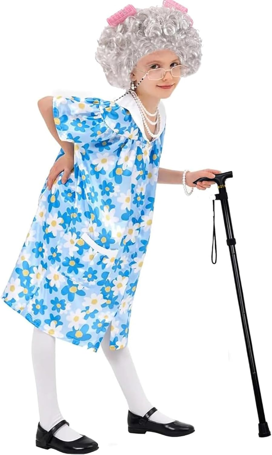 8Pcs Old Lady Dress up Wig Set, Granny Cosplay Set Halloween Grandma Curly Hair - Grandmother Wig, Hair Cap,Granny Glasses, Eyeglass Chains Cords Strap,Curlers,Pearl Necklace,Pearl Earrings image number 3