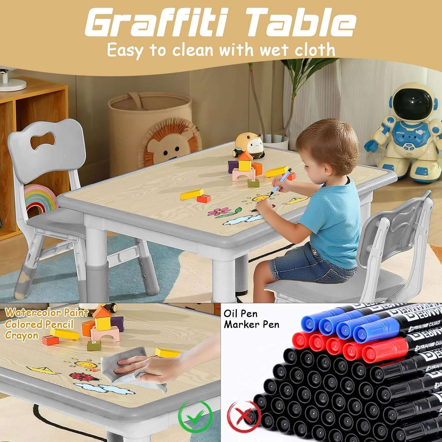 Adjustable Kids Table and 2 Chairs Set, 7-Level Height Table for Kids, Plastic Toddler Desk and Chair Set Ages 2-8, Art Table with 2 Seats, Ergonomic Backrest, Graffiti Surface, Gray, 60 X 80Cm image number 3