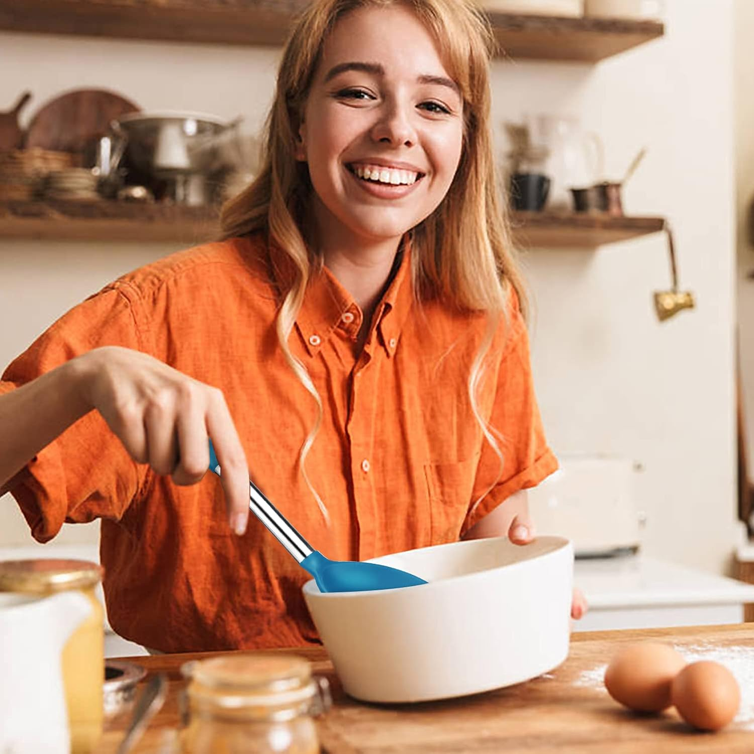 Pack of 4 Large Silicone Cooking Spatulas and Spoons, Slotted and Solid Stainless Steel Cooking Utensils Set, Non-Stick Heat Resistant Kitchen for Baking, Fried, Stir-Fry, Mixing, Serving (Blue) image number 6