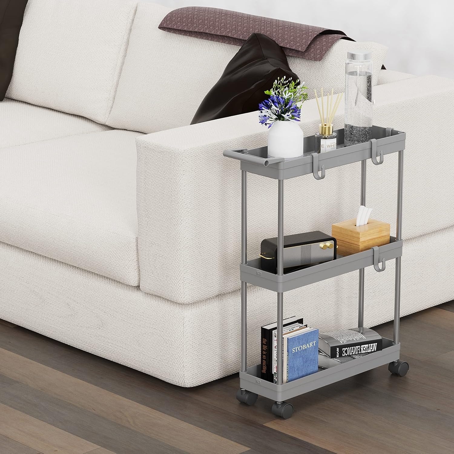 Simplehouseware 3-Tier Slim Rolling Cart with Handle and Hooks for Kitchen and Bathroom Trolley, Grey image number 2