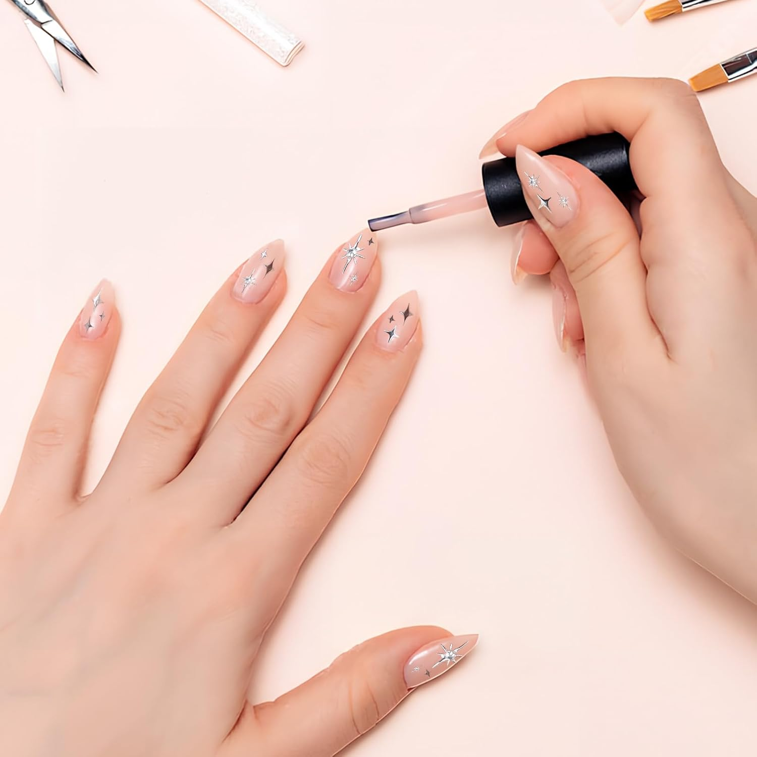 Hohopeti 5 Sheets Silver Star Nail Art Stickers for Women Self Adhesive Heart and Star Decals DIY Manicure Decoration Plastic Material Easy Application for French Tip and Girl Nail Designs image number 3