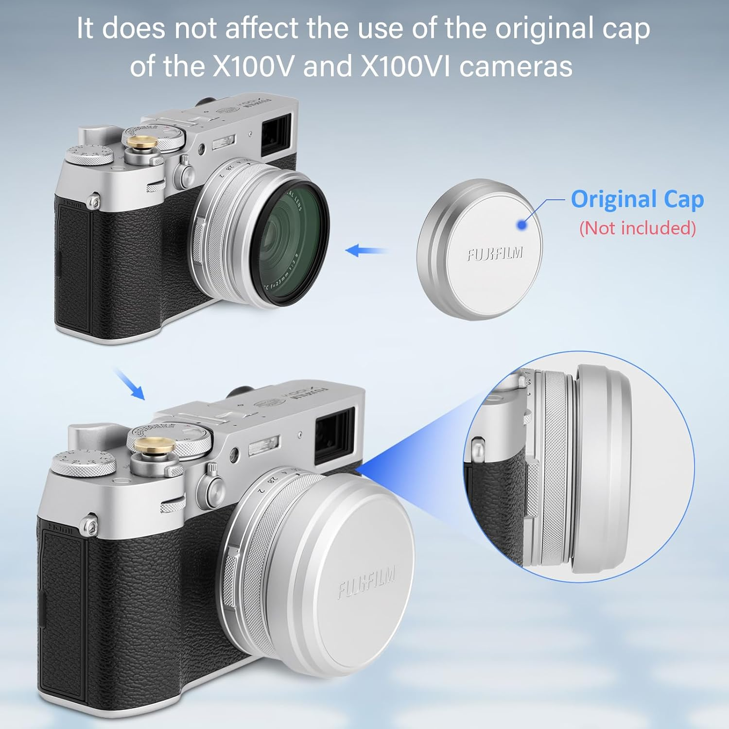 Haoge 49Mm Filter Adapter Ring for Fujifilm Fujinon X100VI X100V Camera Accessories Fit 49Mm UV CPL ND Filter Fit Original Lens Cap Silver LAR-X55S image number 5