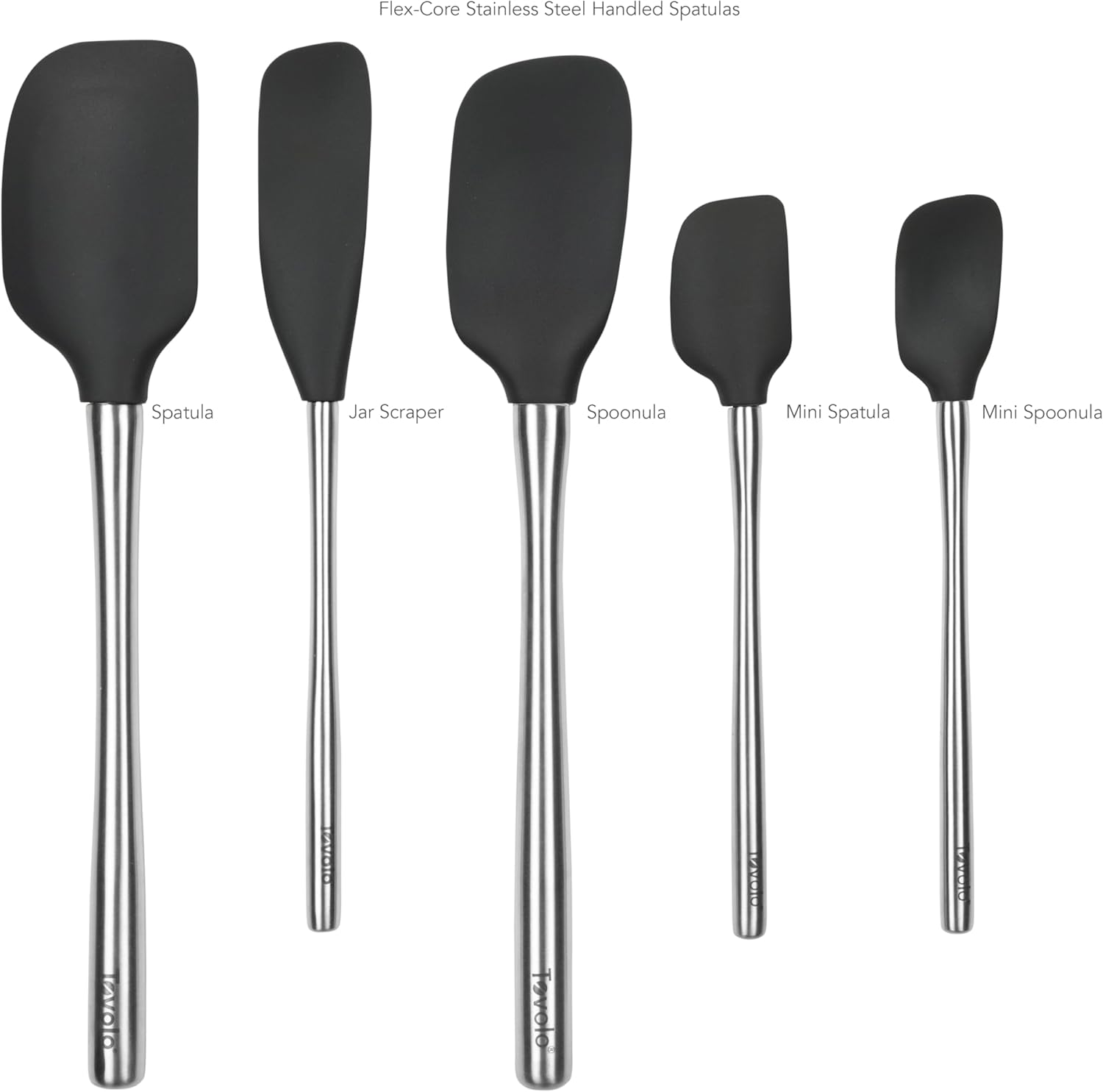 Tovolo 5-Piece Spatula Stainless Steel & Silicone Utensil Set (Black): Spatula, Spoonula, Jar Scraper, Mini Spatula, and Mini Spoonula