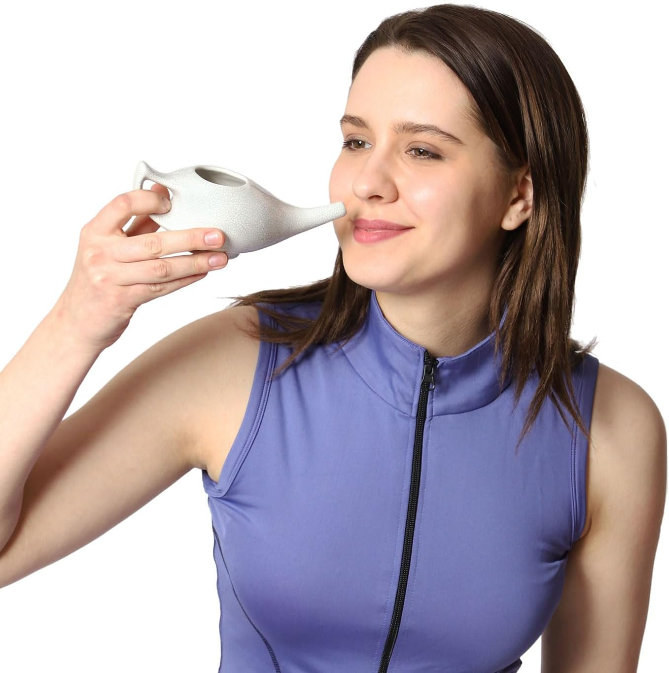 Crackle Pattern Ivory Ceramic Neti Pot for Nasal Cleansing | Travel-Friendly Design | Natural Treatment for Sinus, Infection and Congestion | Neti Pot with 5 Sachets of Neti Salt image number 4