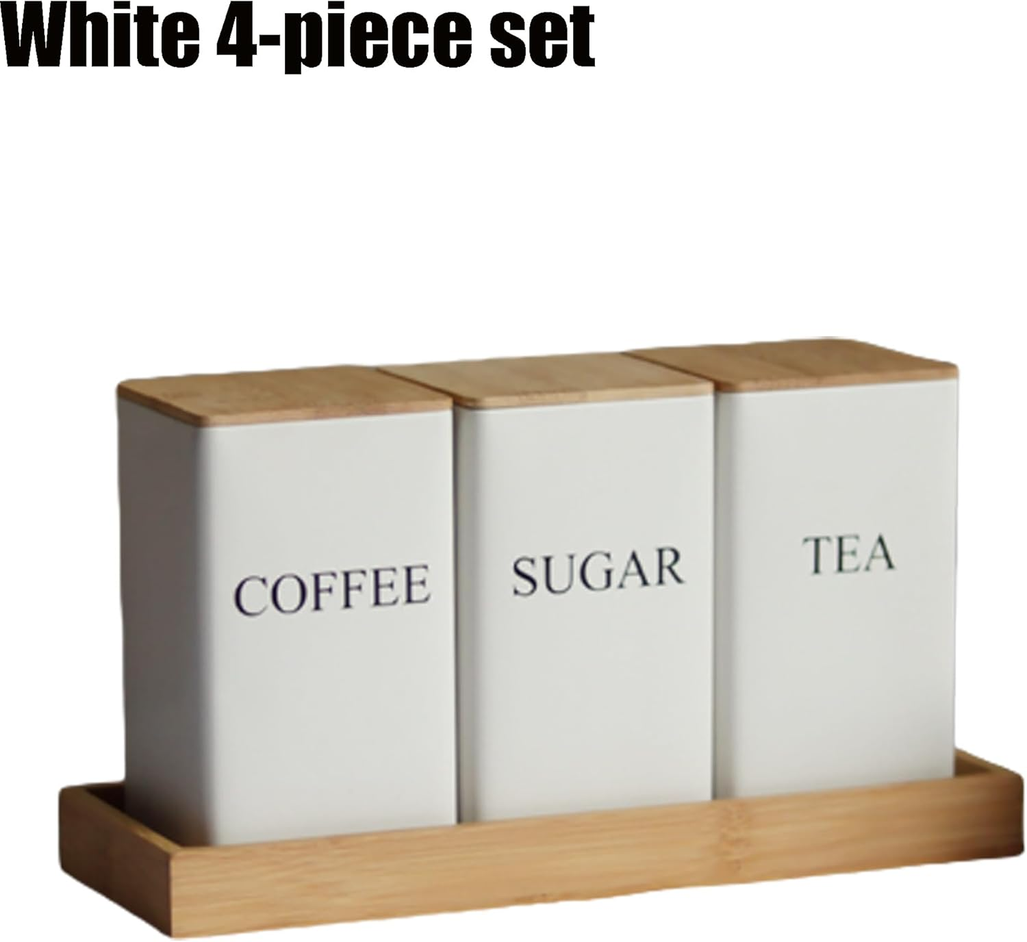 Alerrawia 4 Pcs Tea Coffee Sugar Canister 1000 Ml Metal Coffee Tea Sugar Container with Airtight Bamboo Lid and Name Marker Food Storage Containers Jars for Coffee Sugar Tea White Container