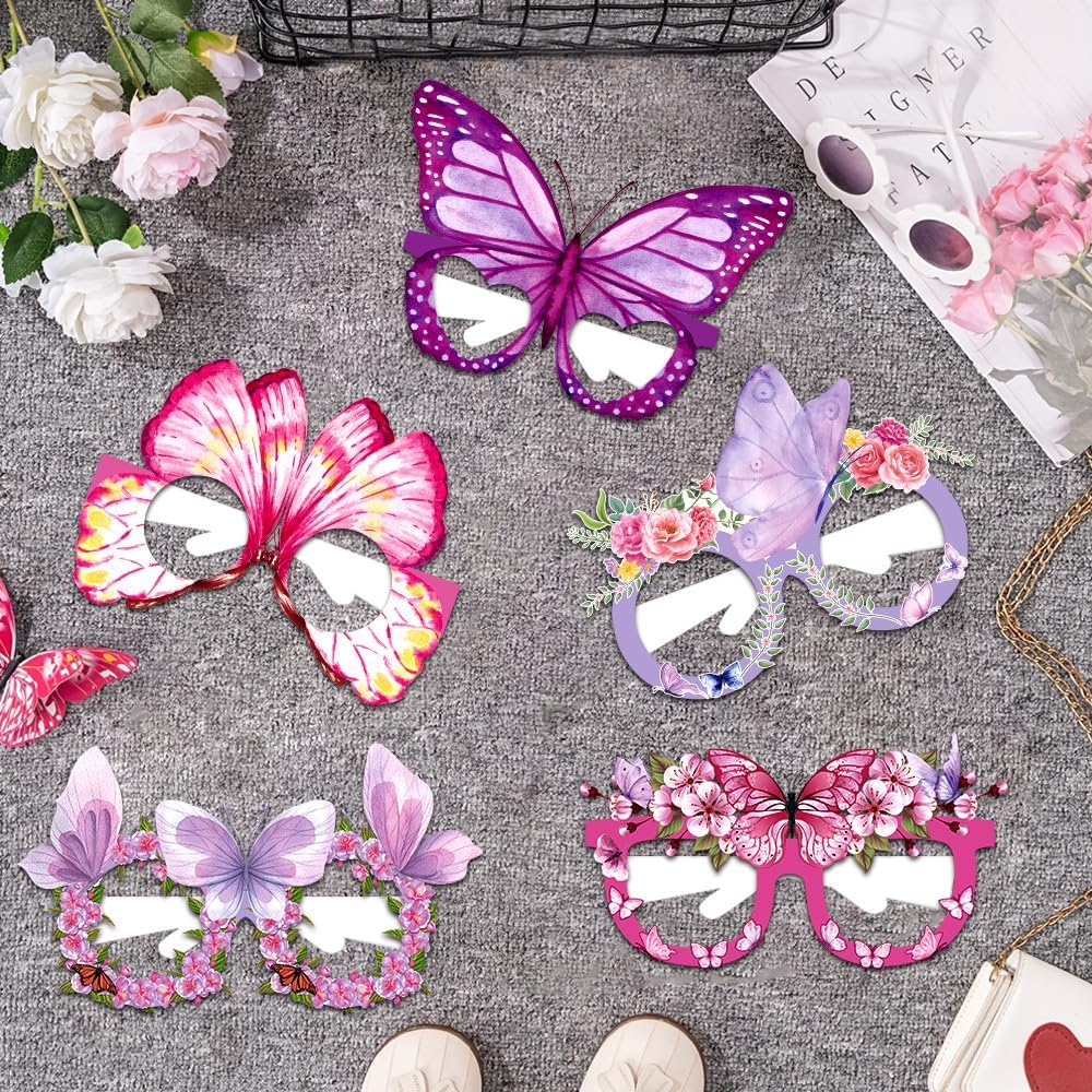 Butterfly Paper Glasses Party Decorations, Photography Props, 12 Pack, Pink and Purple image number 3