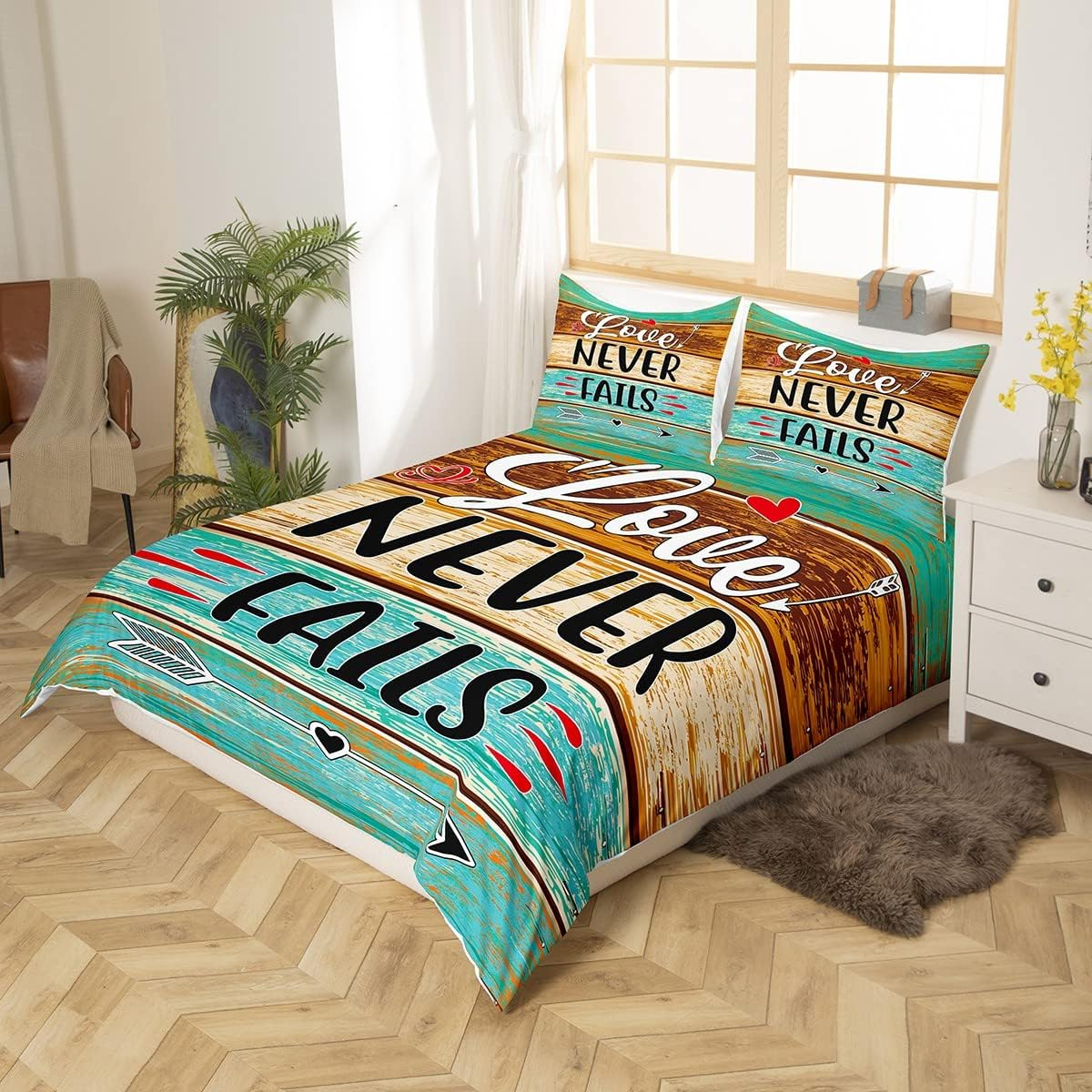 Manfei Rustic Farmhouse Bedding Set S Size Vintage Christian Bible Verses Duvet Cover for Kids Boys Girls Women Cyan Brown Cabin Wood Comforter Cover Love Theme Quote Quilt Cover image number 5