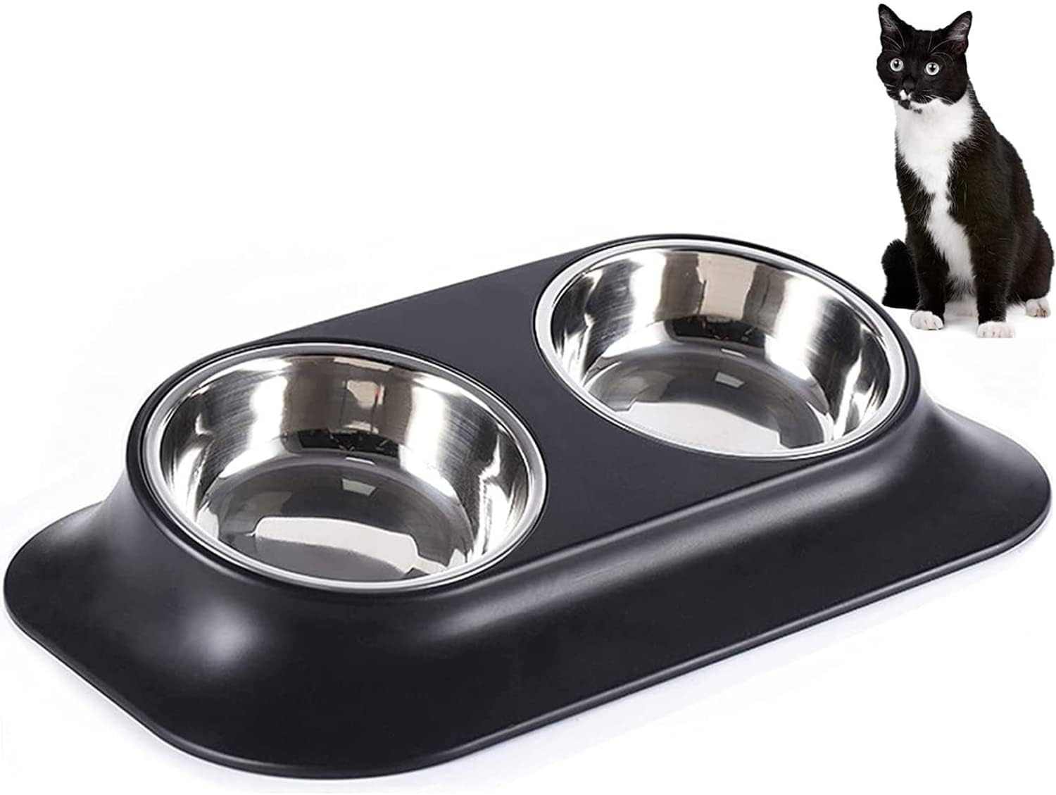 Raised Cat Bowl Pet Bowl,Stainless Steel Elevated Small Dog Bowls,15&deg;Tilted Whisker Reliefs Fatigue Free Stress anti Vomiting Cat Food Water Bowls,Non Slip Cat Feeding Bowls (Double Bowl/Blue)