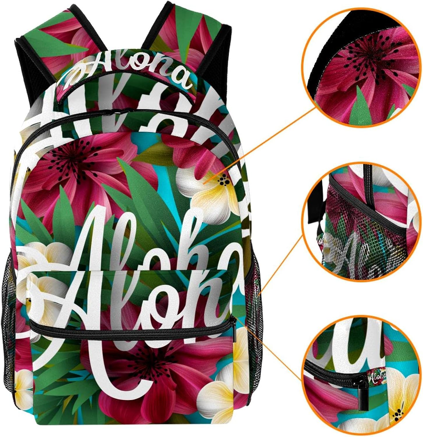 Hibiscus Pink Lily Orchid Plumeria Flowers Palm Leaf Backpack Students Shoulder Bags Travel Bag College School Tote Backpacks image number 4