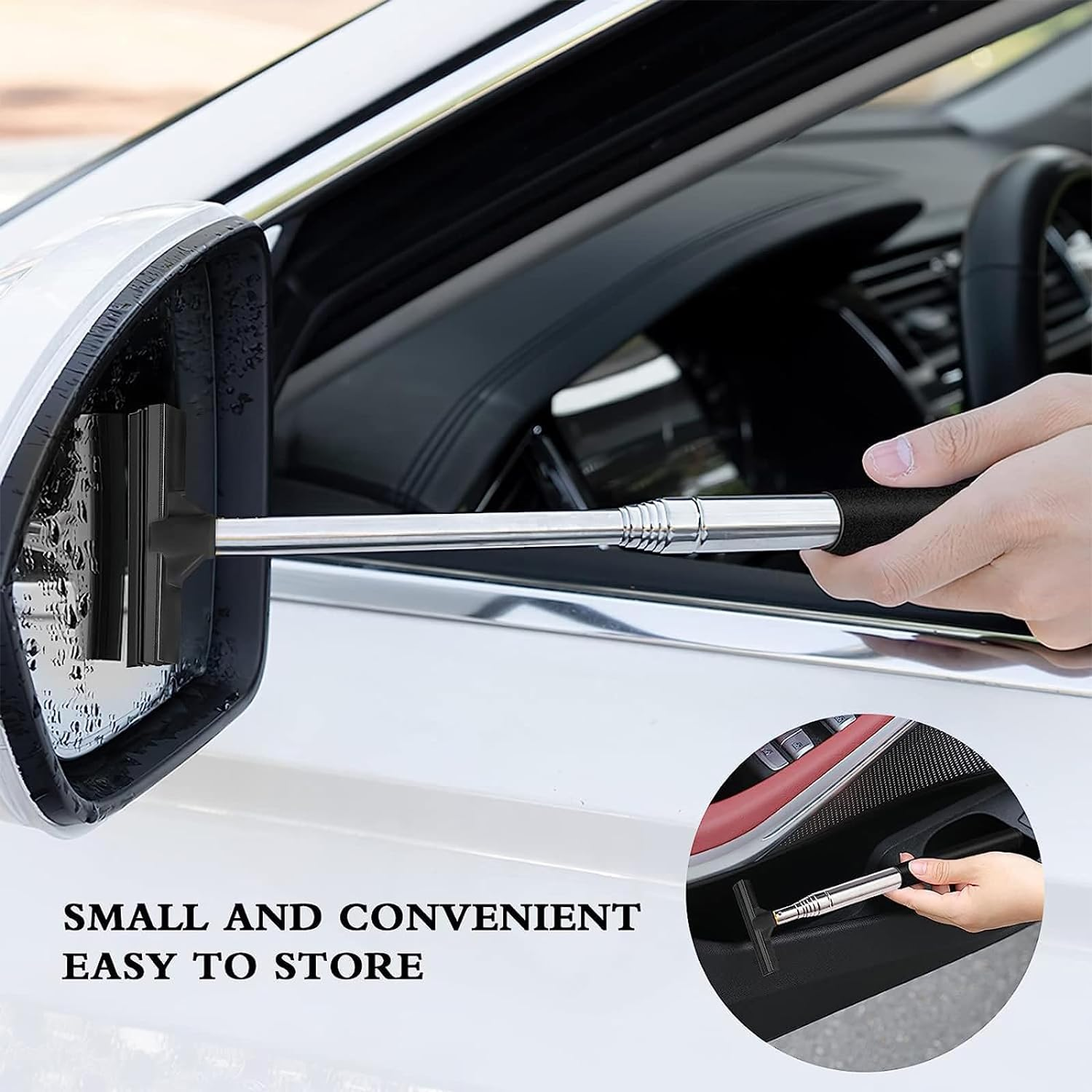 2 Pcs Car Mirror Wiper, 38.6In Handle Car Side Mirror Squeegee, Retractable Car Mirror Squeegee, Side Mirror Squeegee, Mini Squeegee for Rainy Foggy Weather image number 2