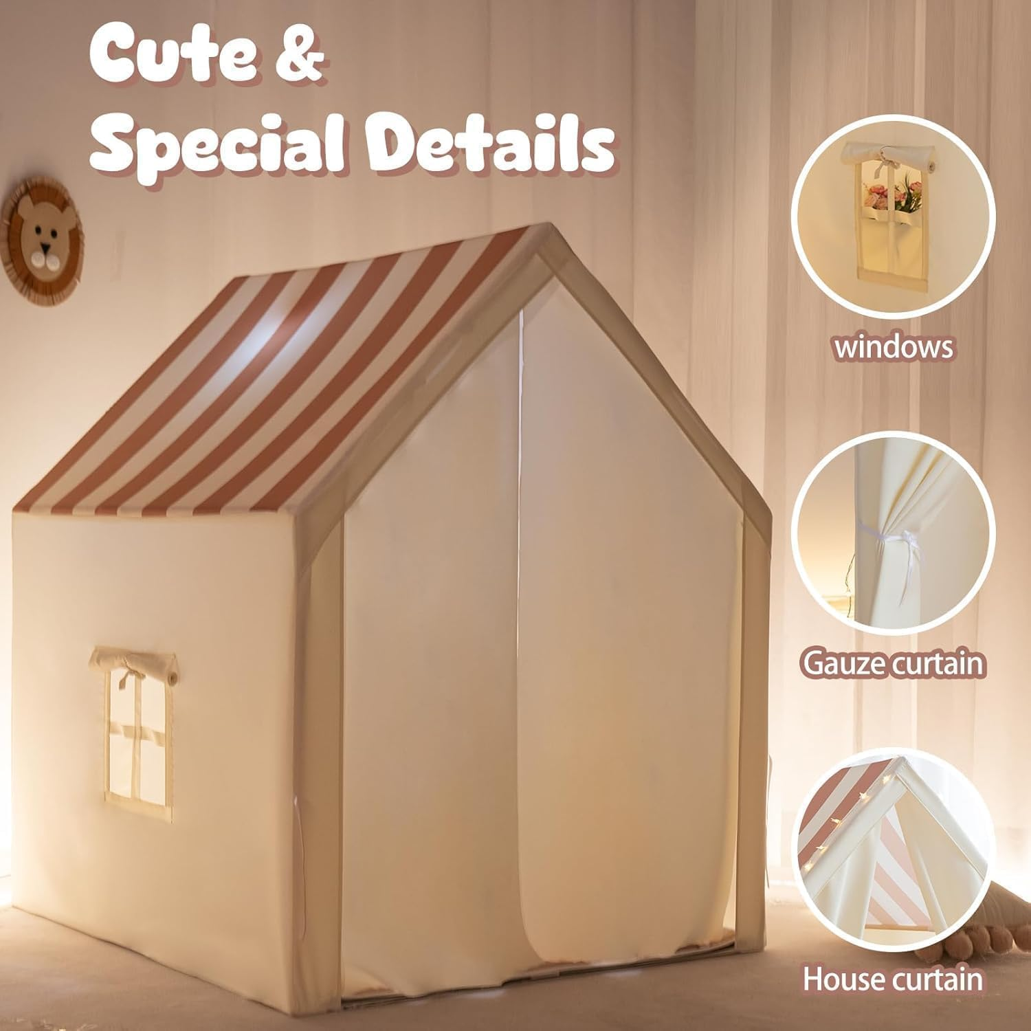 Large Kids Play Tent with Mat, Play Tent Indoor with Star Lights and Windows, Playhouse for Boys and Girls Aged 3+, Kid Tent Washable (With Mat) image number 5