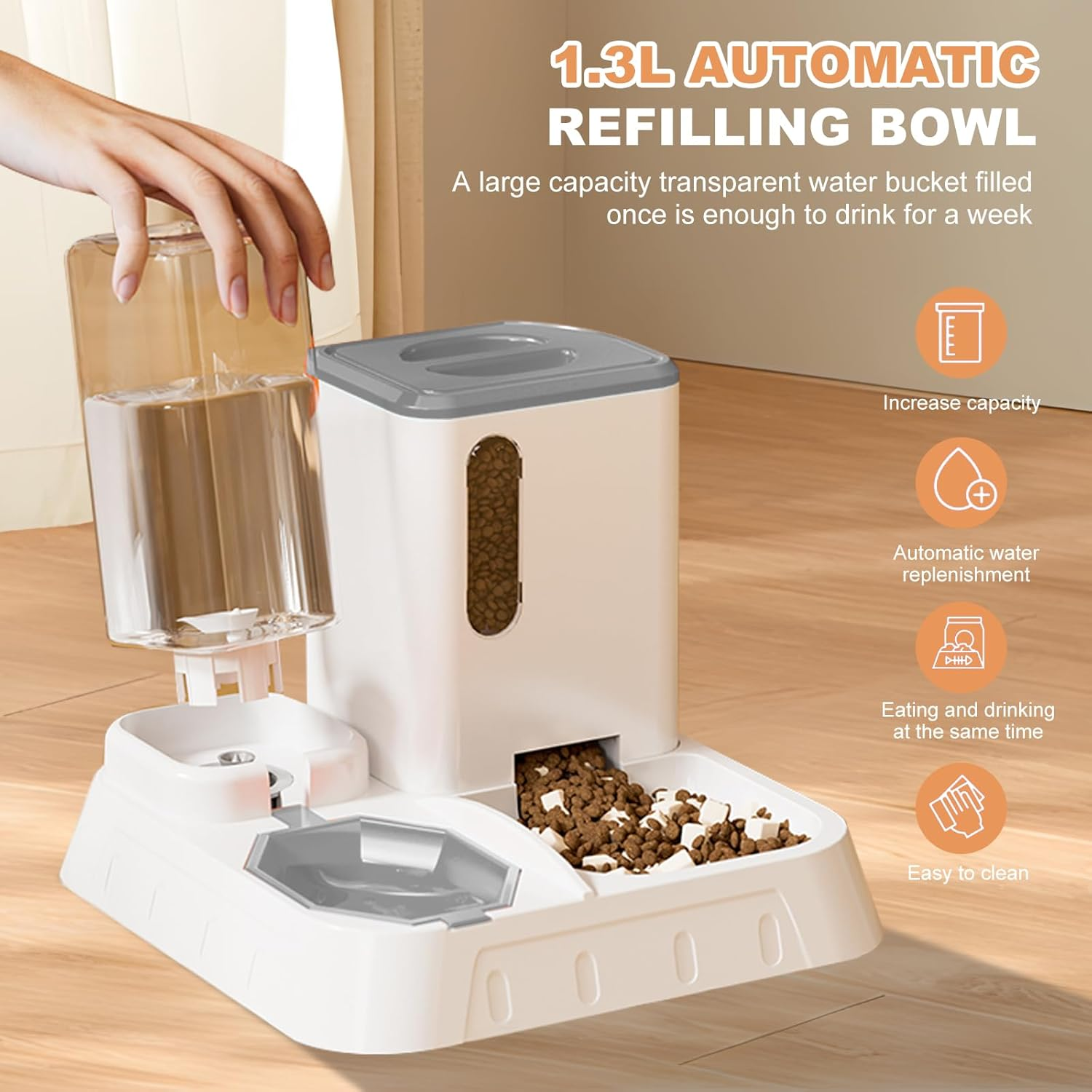 Automatic Pet Feeder 2-In-1 Food and Water Dispenser &ndash; Gravity Feeder for Cats & Dogs,With 2.2L Grain Storage Bucket and 1.3L Water Tank, Suitable for Holding Various Types of Dry Food (Pink) image number 2