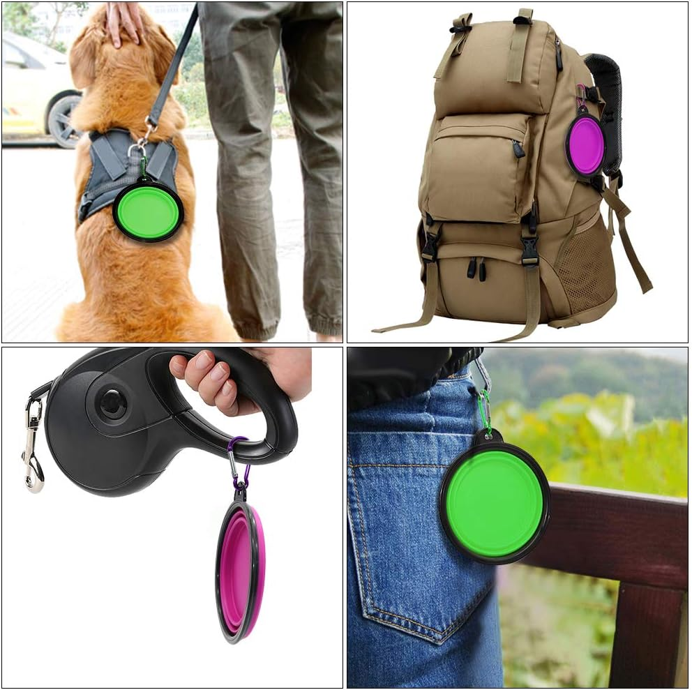 Collapsible Dog Bowl, 2 Pack Collapsable Dog Water Bowls for Cats Dogs, Portable Pet Feeding Watering Dish for Walking Parking Traveling with 2 Carabiners (Small, Green+Purple)