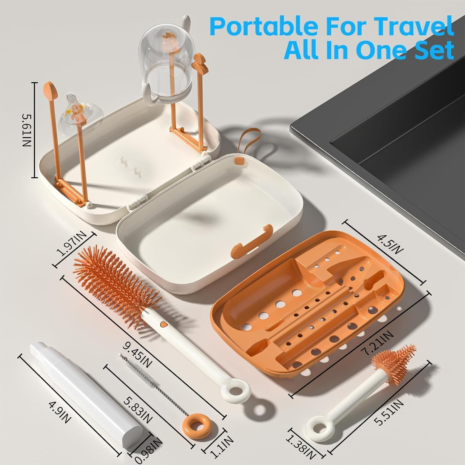 7-In-1 Bottle Brush Cleaning Set, Including Drying Rack, Draining Tray, Detachable Bottle Brush, Nipple Brush, Straw Brush and Soap Dispenser
