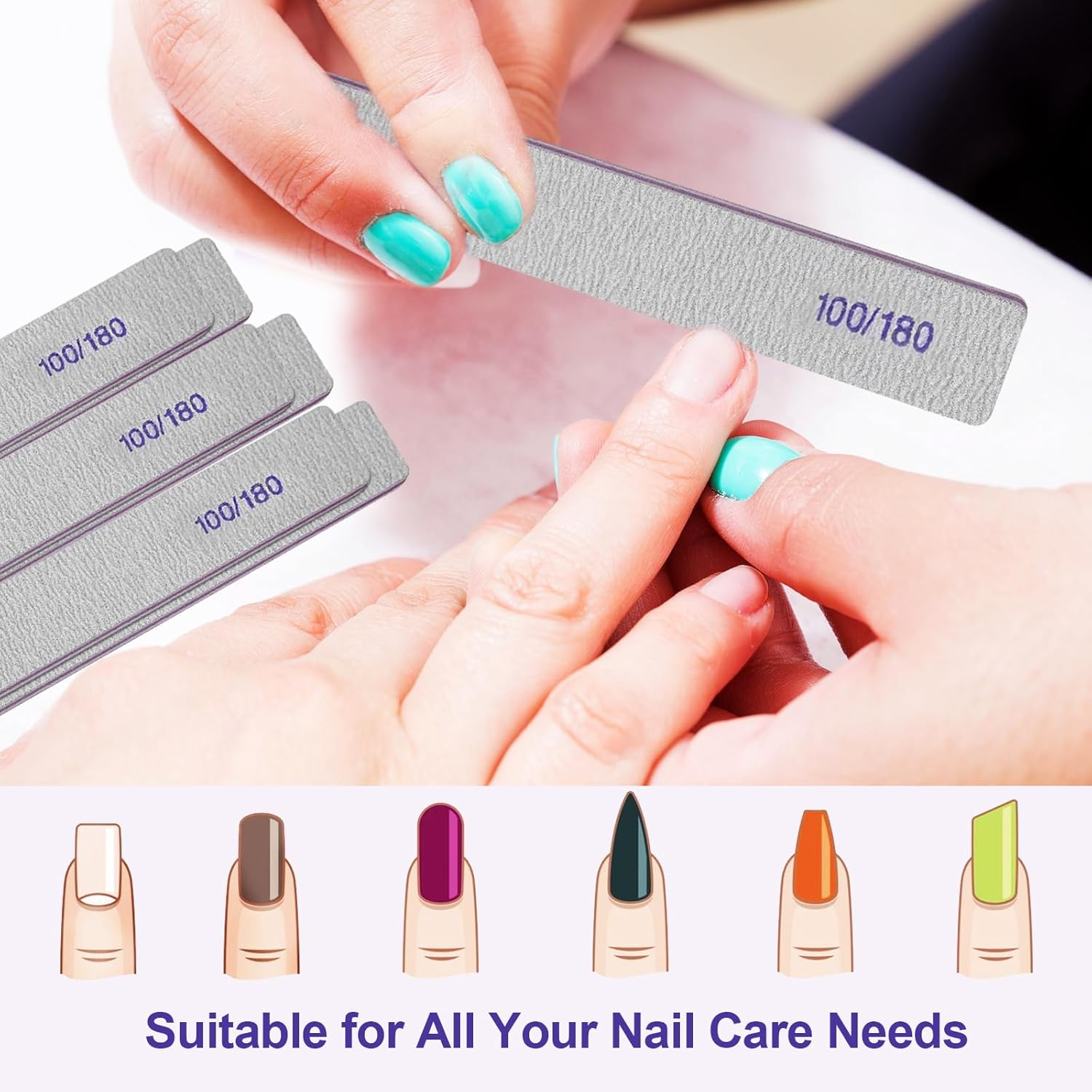 100/180 Grit Nail File (6 Pack), Emery Board Nail Files for Acrylic Nails and Natural Nails, Double Sided Emory Boards Professional Nail Filer Reusable Washable Manicure Square Gray image number 1