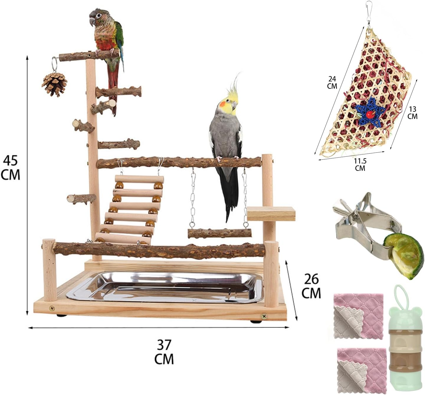 Wood Pet Parrot Playground Bird Play Stand Toys Avian Perch Avian Cage Accessory with Feeder Cups for Cockatiel Parakeet image number 5