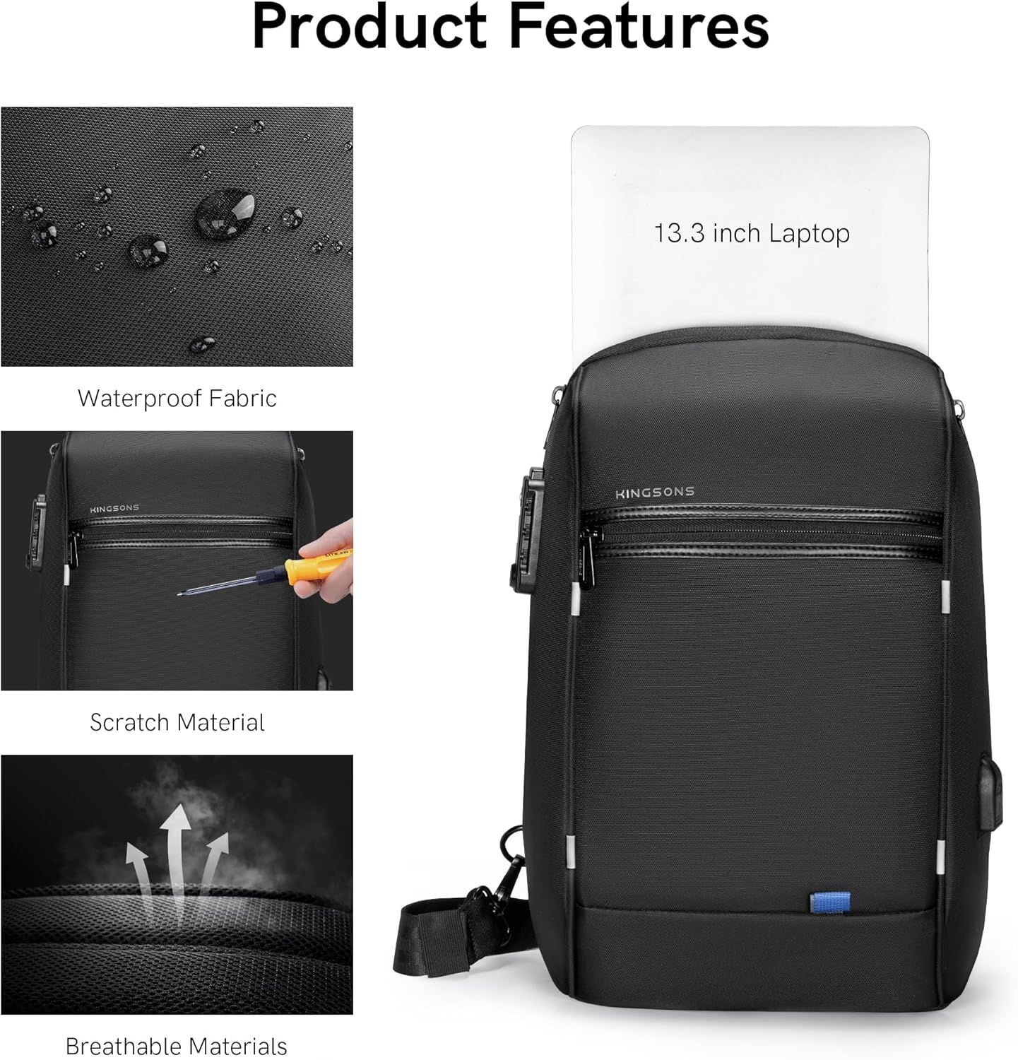 Kingsons Laptop Sling Backpack Slim anti Theft Single Shoulder 13-Inch Laptop Backpack Waterproof Cross-Body Sling Bag image number 6