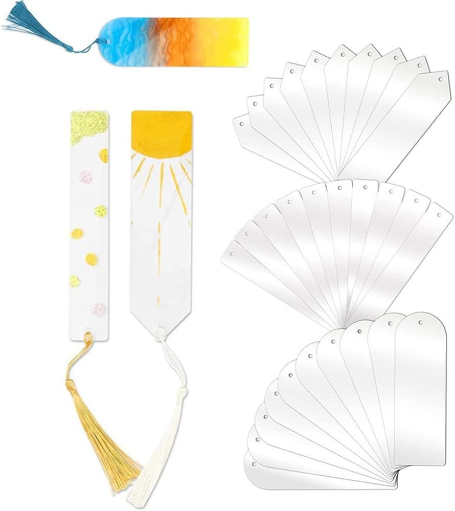 Cuicanfla 61 Pcs Blank Acrylic Bookmark Set, 30PCS Clear Acrylic Craft Bookmarks + 30PCS Colorful Tassel + 1PCS Cord, Acrylic Bookmark, for DIY Craft Ornaments image number 4