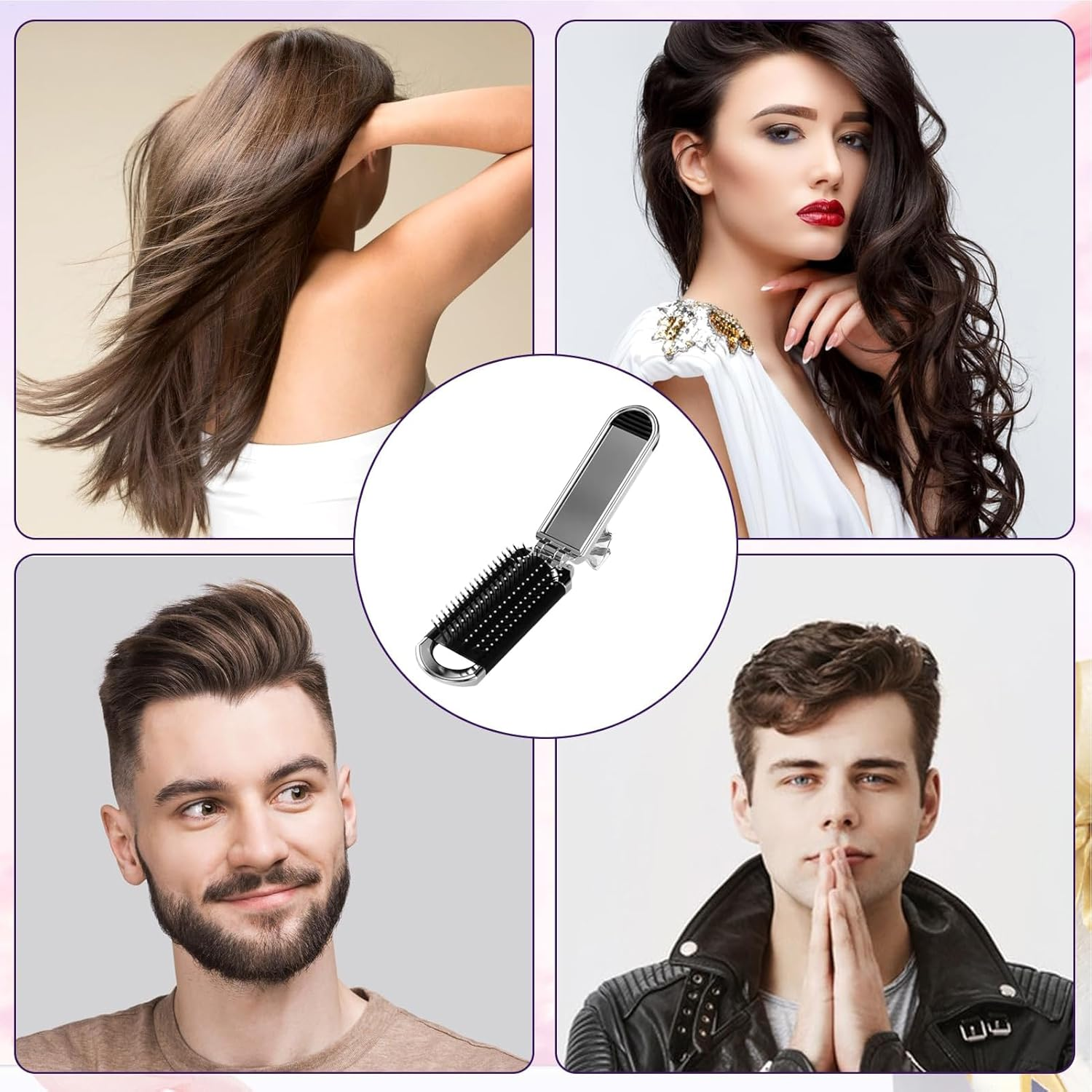 Travel Brush - Foldable Hair Detangling Comb with Mirror - Pocket Size Styling Accessories for Women Girls Home Travel Gym Purse - Bow image number 3