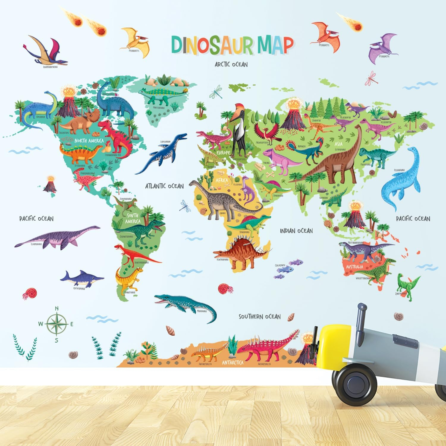 DECOWALL DL3-2415 Xlarge Dinosaur World Kids Wall Stickers (Xlarge 151 X 106Cm) Nursery Educational Decals Home D?Cor Travel Boys International Colorful Learning Nation Worldwide Playroom Bedroom image number 1