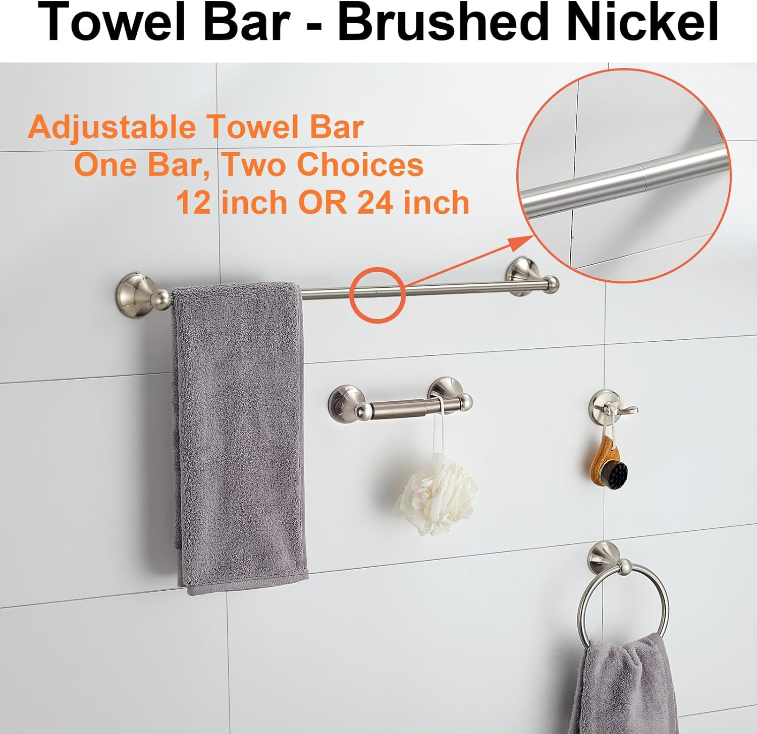 BGL Bathroom Accessory Set, Brushed Nickel Adjustable Expandable Towel Bar 4-Piece Bathroom Hardware Set Wall Mounted - 8 Pcs Orb image number 2