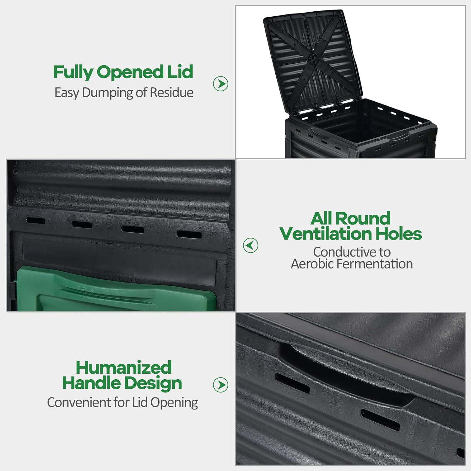 Costway Outdoor Compost Bin 300L for Kitchen Waste & Garden Scraps, Fast Creation of Fertile Soil Aerating Box W/Top Flip Door & Latch-On Lid, Bpa-Free & All-Season Garden Composter (Black + Green) image number 2