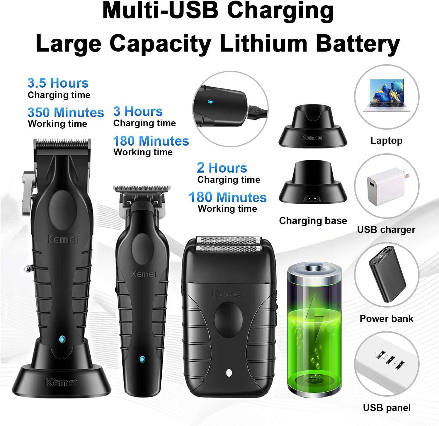 KEMEI Professional Hair Clippers for Men, Cordless Complete Hairdressing Trimmer T-Blade Trimmer Foil Shaver Set, Electric Hair Cutting Full Kit with 11 Guide Combs image number 2