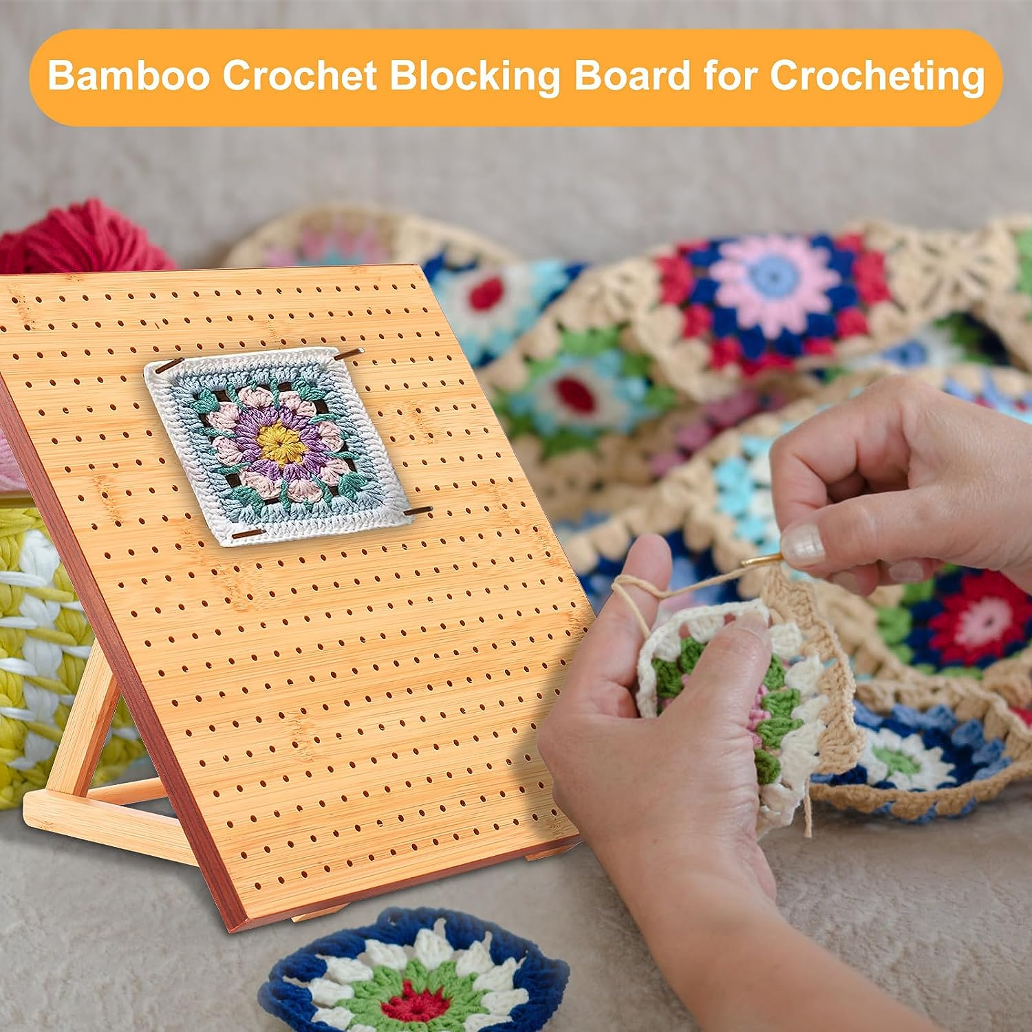 11.4Inch Crochet Blocking Board, Bamboo Wooden Knitting Blocking Mats and Pins with Adjustable Stand, Granny Square Crochet Supplies with 20 Steel Rod for Knitting and Crochet Projects (11.4Inch) - 11.4Inch image number 2