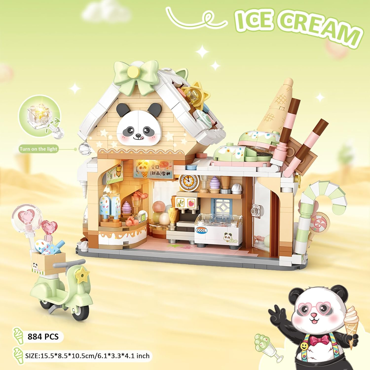 MEIEST Panda Ice Cream Shop Building Blocks Set,Mini City Shop Street View Particle Construction Building Bricks Toy,Home Decoration image number 2