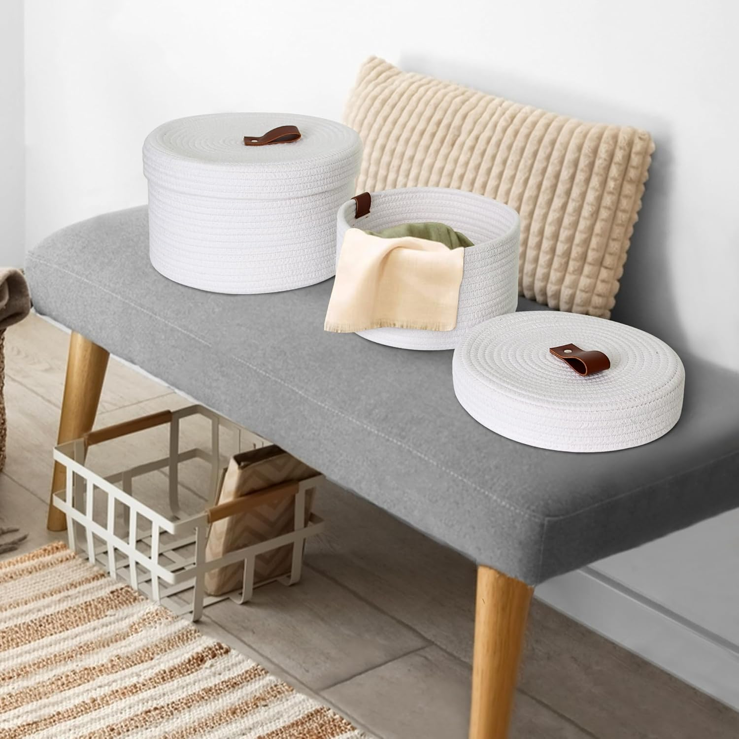 HONCESTA Small Basket with Lid, Set of 2 Cotton Rope Storage Basket with Lid, Decorative Woven Storage Bin with Cover, Lidded round Baskets for Organizing, Cute Toy Box, Shelf Basket for Decor, White image number 5