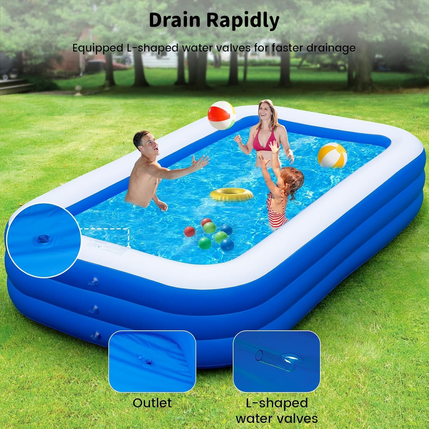 Inflatable Paddling Pool,305Cm Giant Inflatable Deep Pool, Padding Pool Swim Centre Pools for Kids Adults Family Rectangle Swimming Pool with Inflatable Soft Floor for Backyard,Garden (305Cm) image number 2