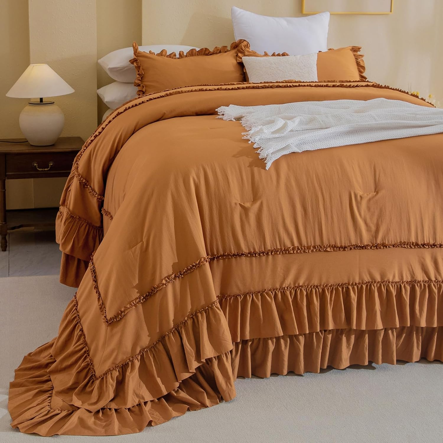 Masaca Ruffled Comforter Set Queen,3-Piece Farmhouse Shabby Boho Chic Bedding,Ultra Soft Linen Feel Textured Bed Comforter Set (1 Ruffle Comforter+2 Pillow Shams) image number 7