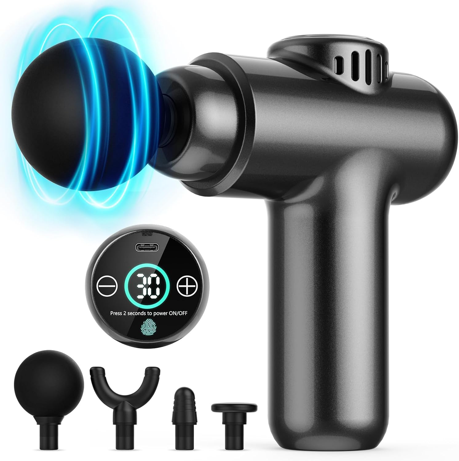 Mini Massage Gun, Pocket-Sized Deep Tissue Massager, 30 Speeds Handheld Muscle Massage Gun, Portable Percussion Massager with 4 Heads, Powerful Muscle Gun Cordless for Travel Home Office Gym (Black) image number 6