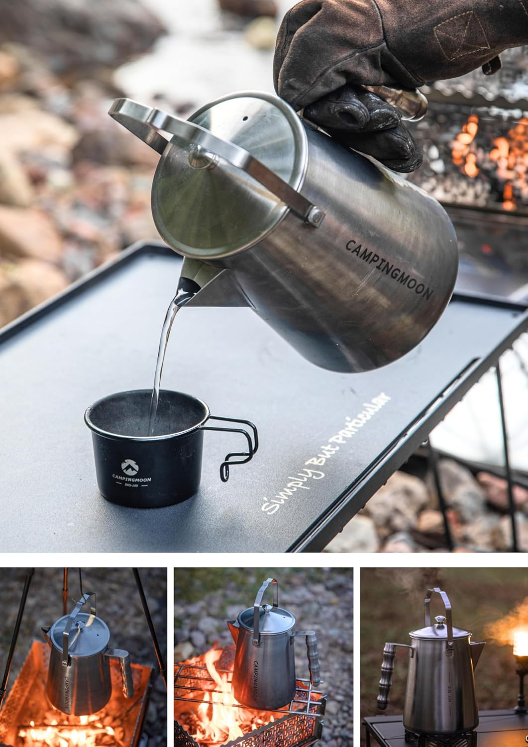 CAMPINGMOON 1.5L Campfire Kettle Stainless Steel Camping Coffee Pot Full Capacity 1.86L SW-6