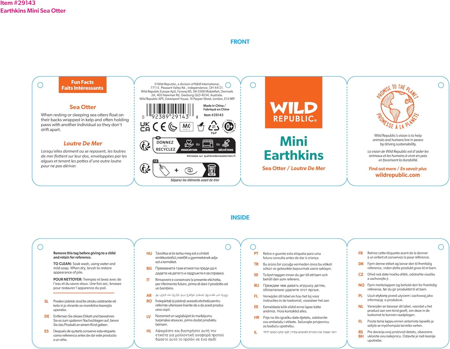 Wild Republic Earthkins Mini Sea Otter, Stuffed Animal, 8 Inch, Plush Toy, Eco-Friendly