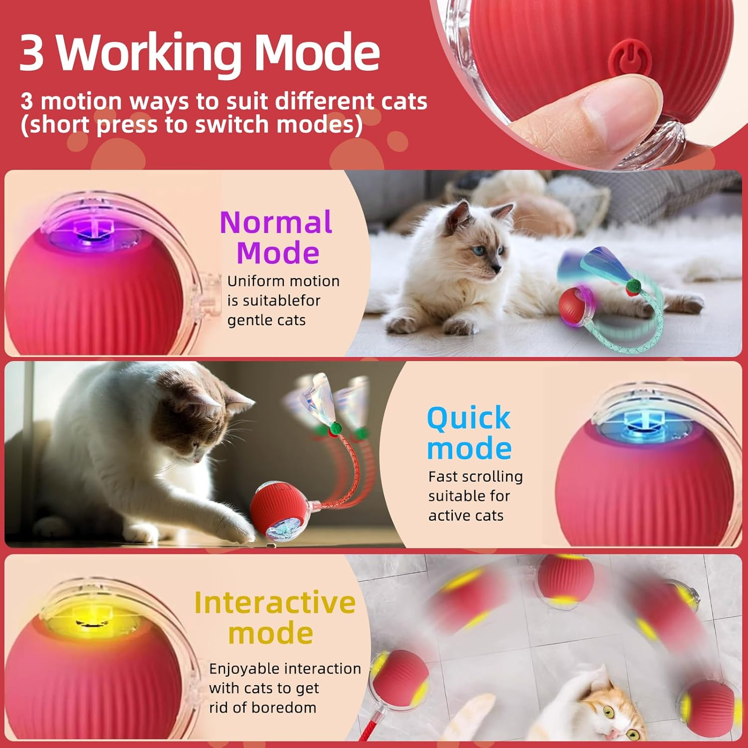 Interactive Cat Ball Toys, 360&deg; Intelligent Auto-Rolling Cat Toy Ball with Obstacle Avoidance, Smart Electric Toy for Indoor Cats image number 4
