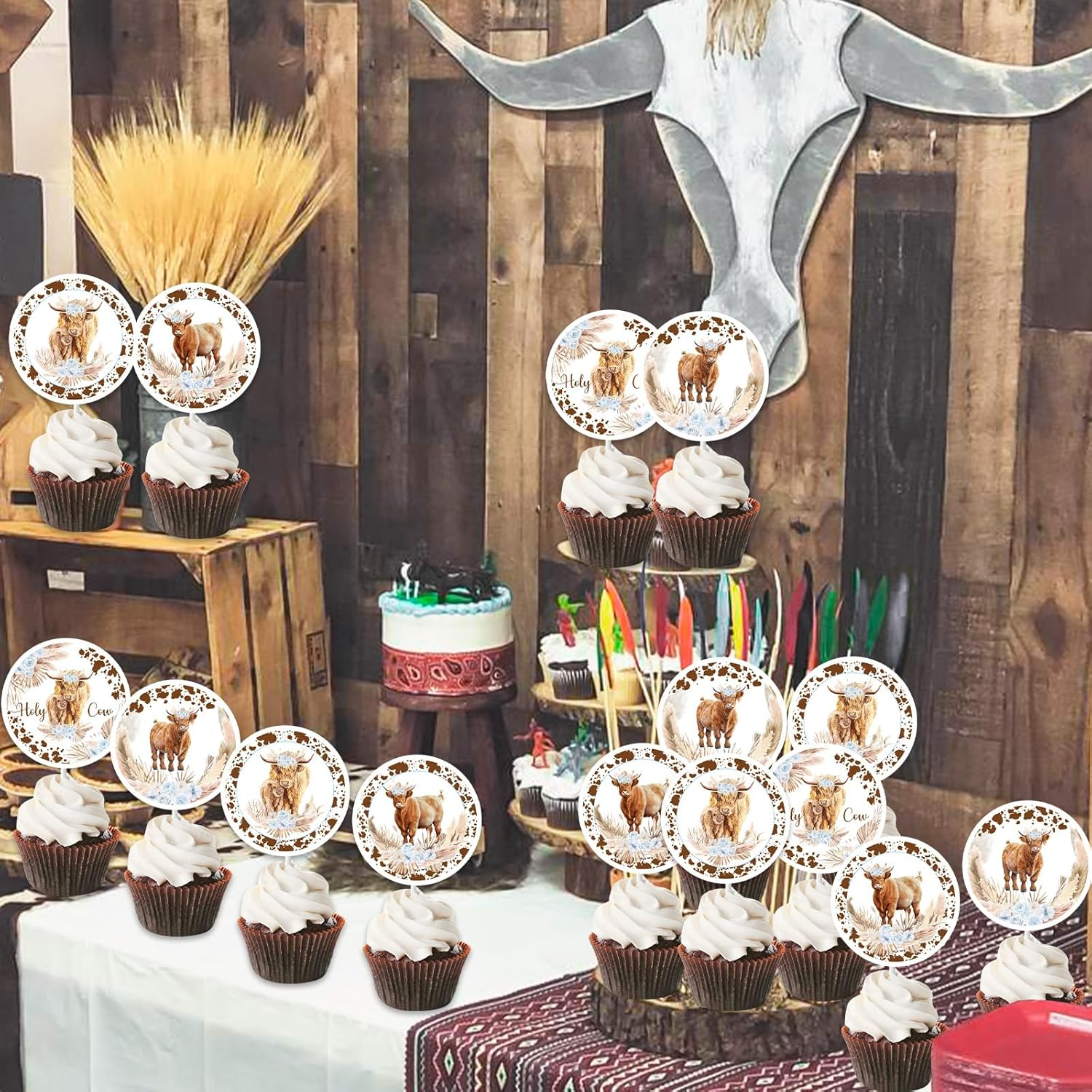 36Pcs Highland Cow Cupcake Toppers Blue for Boys Highland Cow Baby Shower Decorations, Highland Cow Birthday Party Supplies image number 4