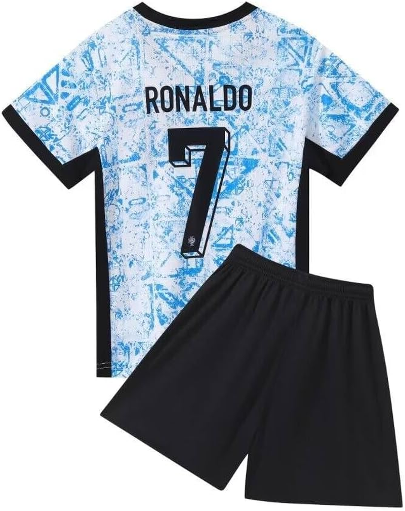 YEESON Youth Kid Soccer Jersey #7, Kids Soccer Jersey Away Portugal Blue Top + Shorts + Socks Kit image number 2