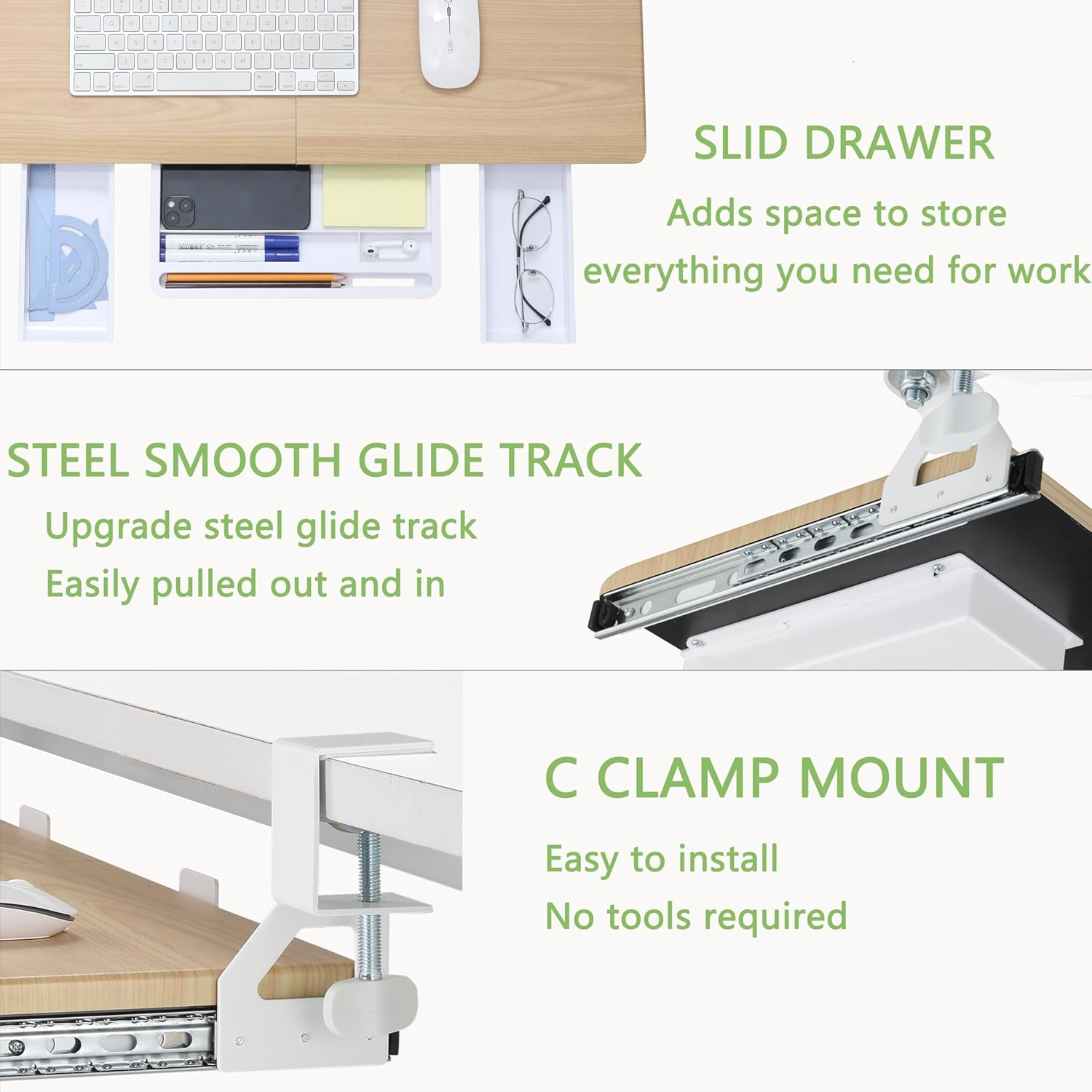 ETHU Keyboard Tray under Desk, Ergonomic Corner Keyboard Tray with 180&deg; Adjustable C Clamp for L Shape Desk 26.77" X 12.2" Easy to Install, Computer Keyboard Stand for Home and Office(Oak) - White image number 3
