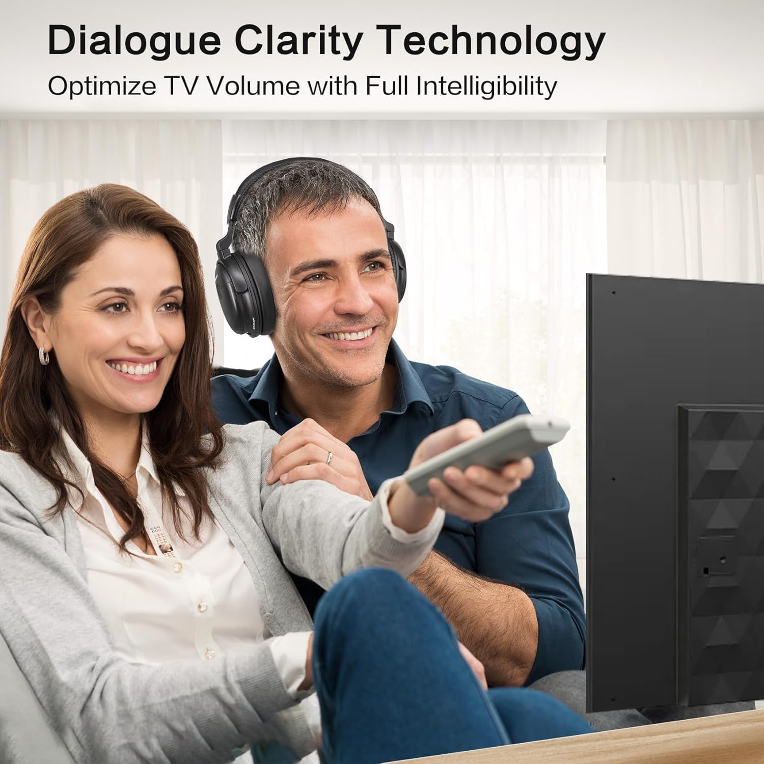 SIMOLIO TV Headphones Wireless with Transmitter/Charging Stand 2-In-1, 2.4G Wireless Earphones for TV Listening W/Clear Dialog & Spare Battery & Balance Control, 100Ft Long Range