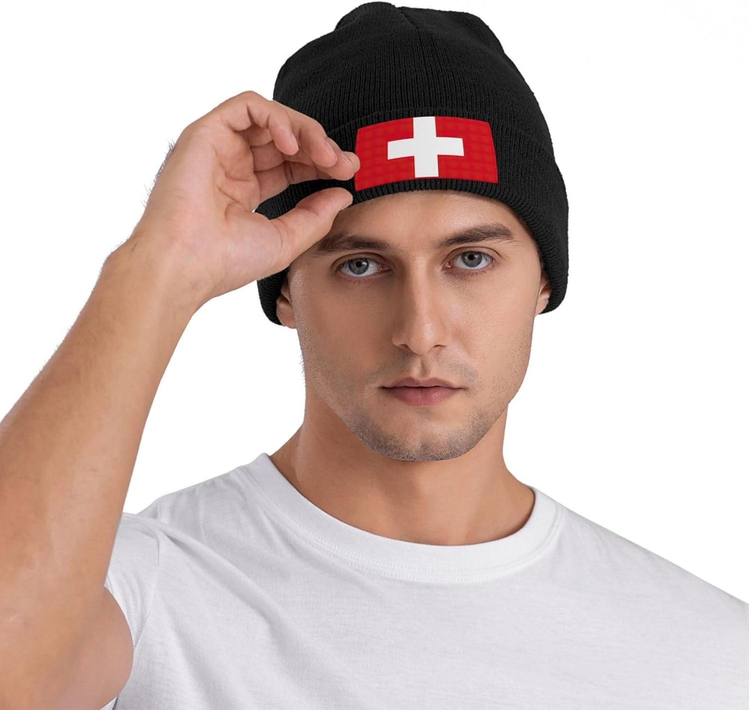 DRTGEDS Swiss Flag Winter Beanie for Men Women,Warm Lined Beanie Soft Warm Knit Hat Cuffed Cap for Cold Weather - Black image number 5