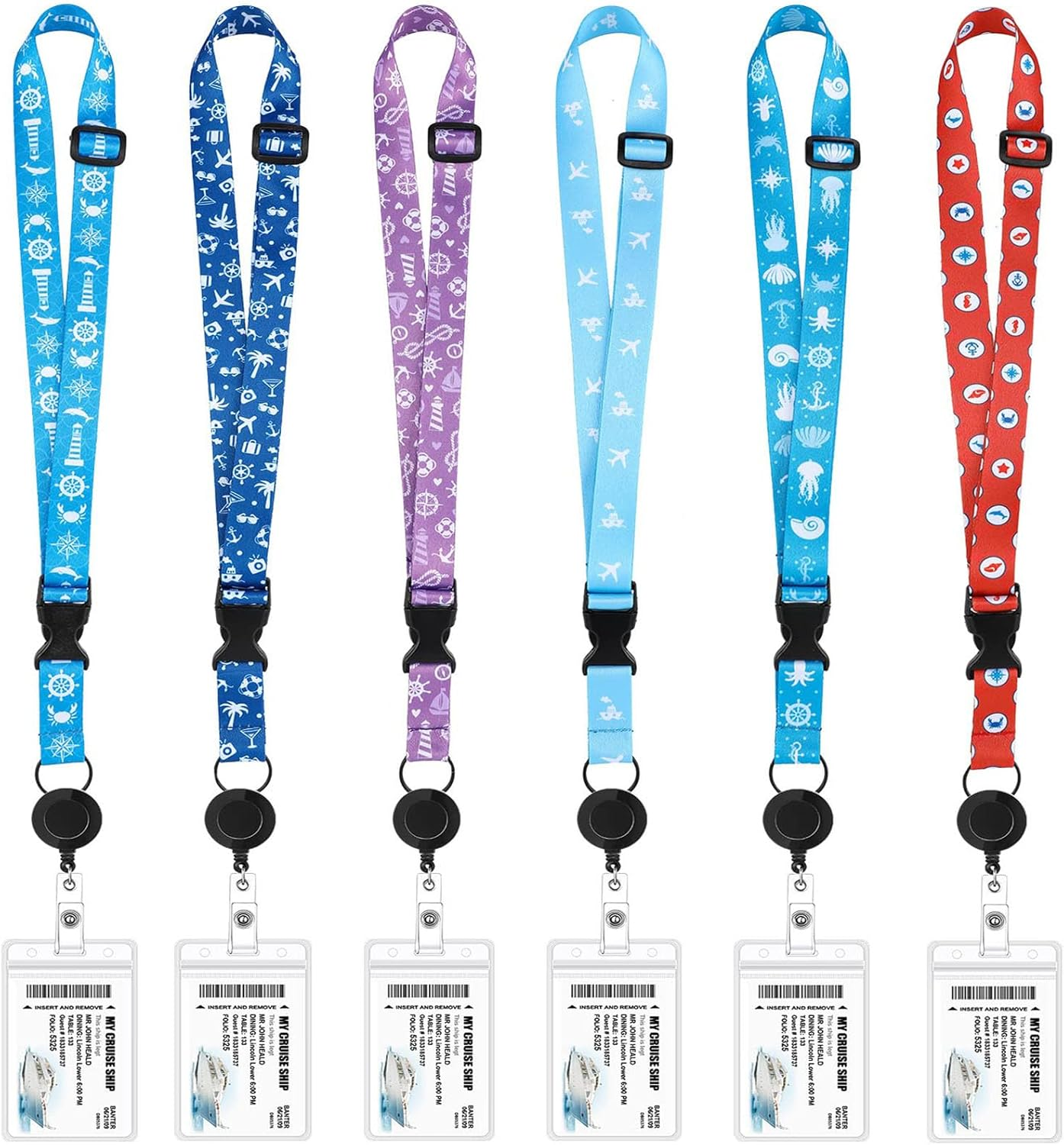 6Pack Cruise Lanyard Set - Retractable with Waterproof ID Badge Reel Holder, Adjustable Nautical Lanyard with Detachable Buckle for Ships Key Cards image number 2