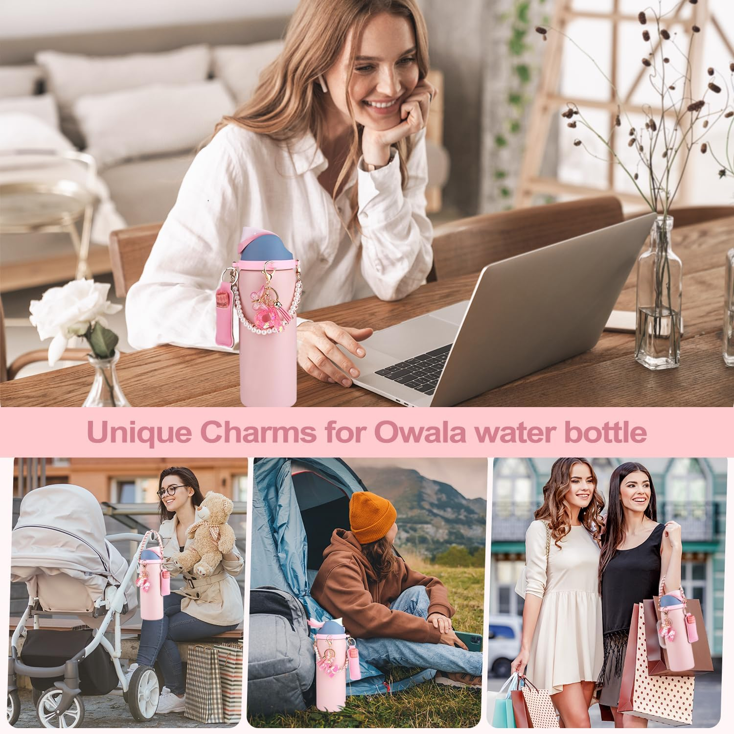 Letter Accessories for Owala Water Bottle 24/32/40Oz,Initial Charm、Lipstick Holder and Handle Strap for Owala Accessories and Stanley Cup Accessories(Pink, R) image number 5