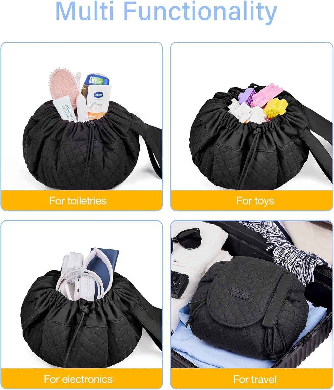 BAGSMART Lazy Makeup Bags for Women, Waterproof Drawstring Cosmetic Bag Travel Makeup Bag Organizer Case for Household,Black image number 6