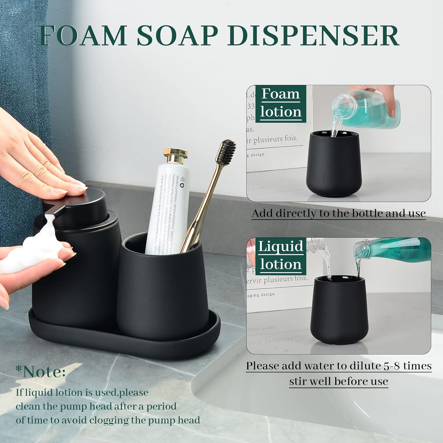 Umlaca Black Bathroom Accessories Set 3 Pcs - Ceramic Foaming Bathroom Soap Dispenser Set Farmhouse Black Bathroom Decor, Soap Dispenser and Toothbrush Holder/Tumbler Cup, Tray - Black image number 5