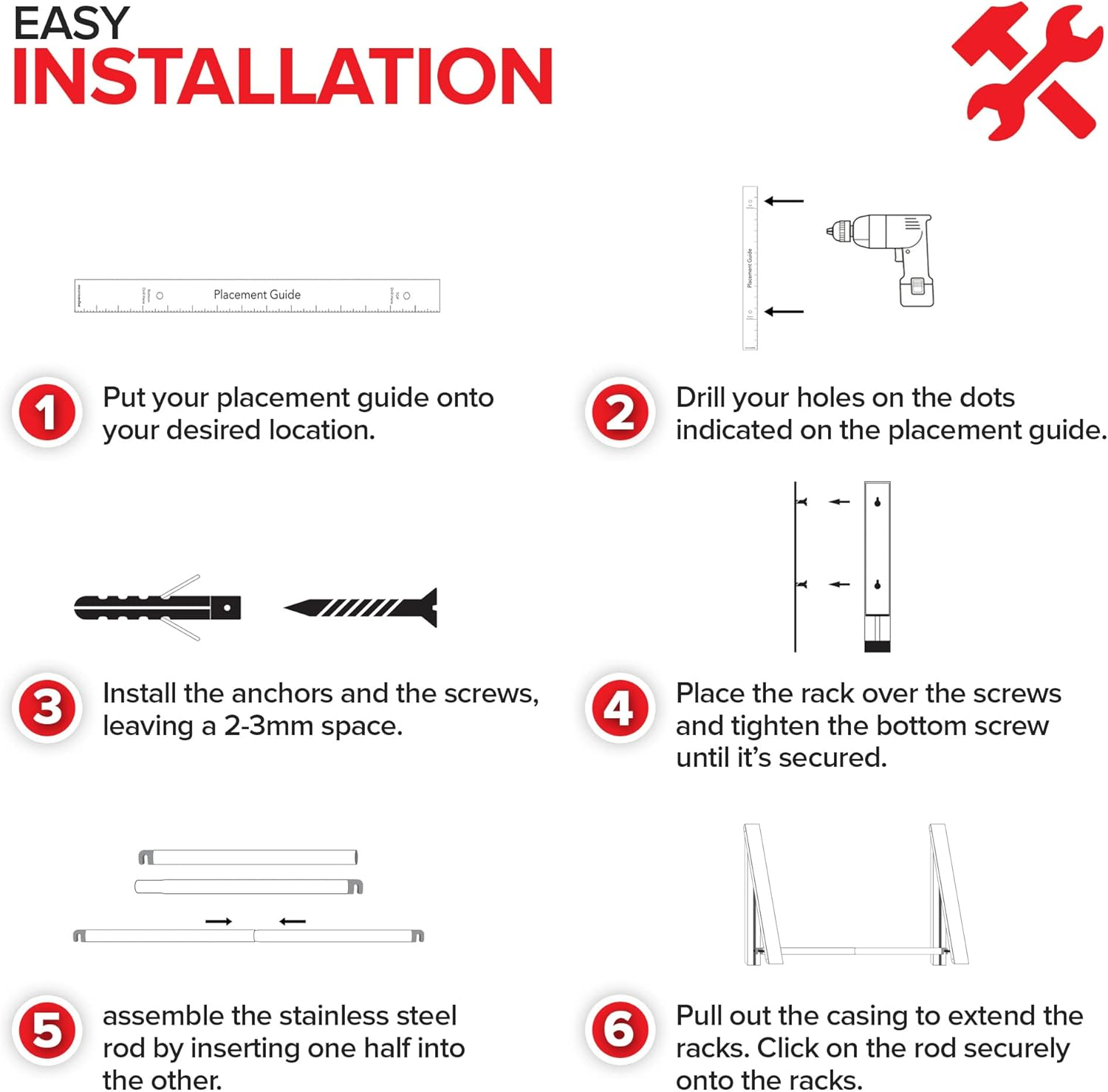 Stock Your Home Retractable Clothes Rack - Wall Mounted Folding Clothes Hanger Drying Rack for Laundry Room Closet Storage Organization, Aluminum, Easy Installation, 2 Racks with Rod (Silver) - White image number 2