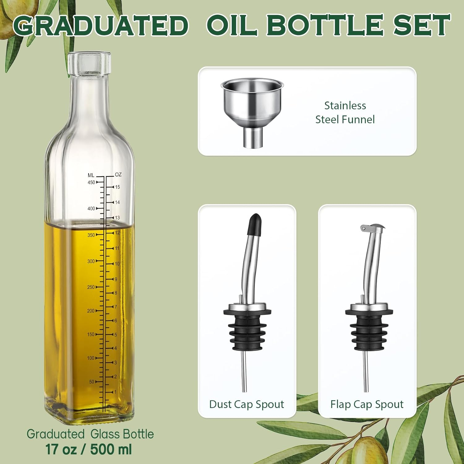 AOZITA 17Oz Glass Olive Oil Dispenser Bottle - 500Ml Clear -Oil & Vinegar Cruet with Pourers and Funnel - Olive Oil Carafe Decanter for Kitchen - Clear With Measurements image number 2